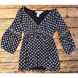 Studio M Womans Petite Size XSP V-Neck Polka Dot Blouse